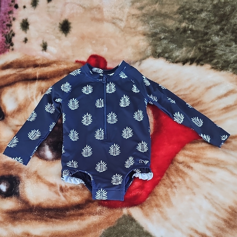 Vineyard Vines Navy One-Piece Swim with White Leaf Print Size 3/6 Months